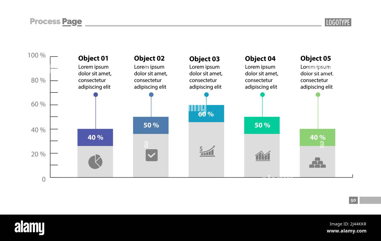 Modèle de diapositive de graphique à barres à cinq colonnes. Données d'entreprise. Pourcentage, comparaison, conception. Concept créatif pour l'infographie, la présentation, le rapport. Peut être u Illustration de Vecteur
