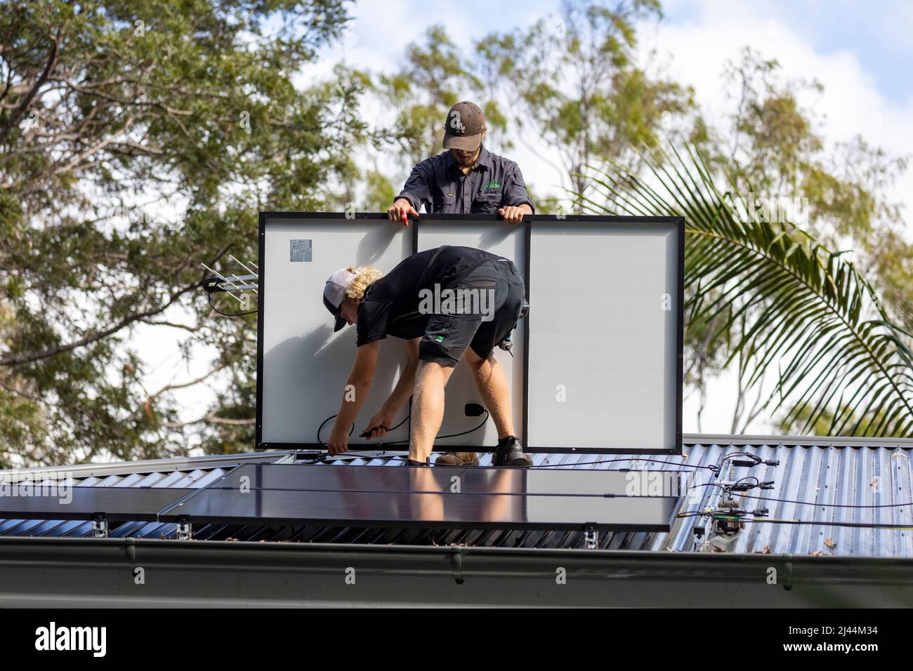 Installation de panneaux photovoltaïques solaires sur une maison de Sydney en tant que deux installateurs mâles s'adaptent aux panneaux REC noirs d'une maison australienne, Sydney, Nouvelle-Galles du Sud Banque D'Images