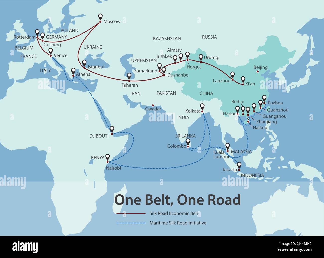 One Belt, One Road, investissement stratégique chinois dans la carte du 21st siècle. Illustration de Vecteur