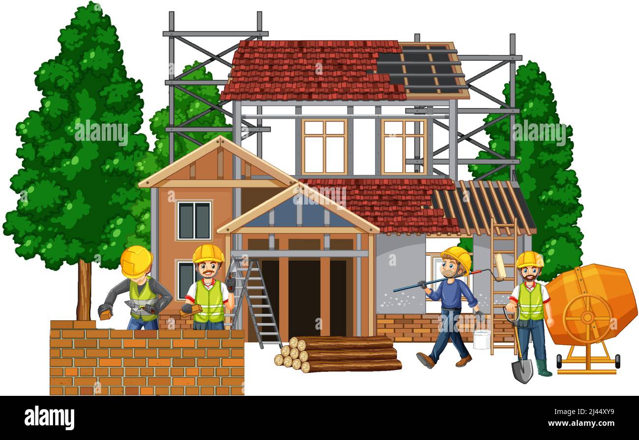 Chantier de construction de maison avec illustration de travailleurs de dessin animé Illustration de Vecteur