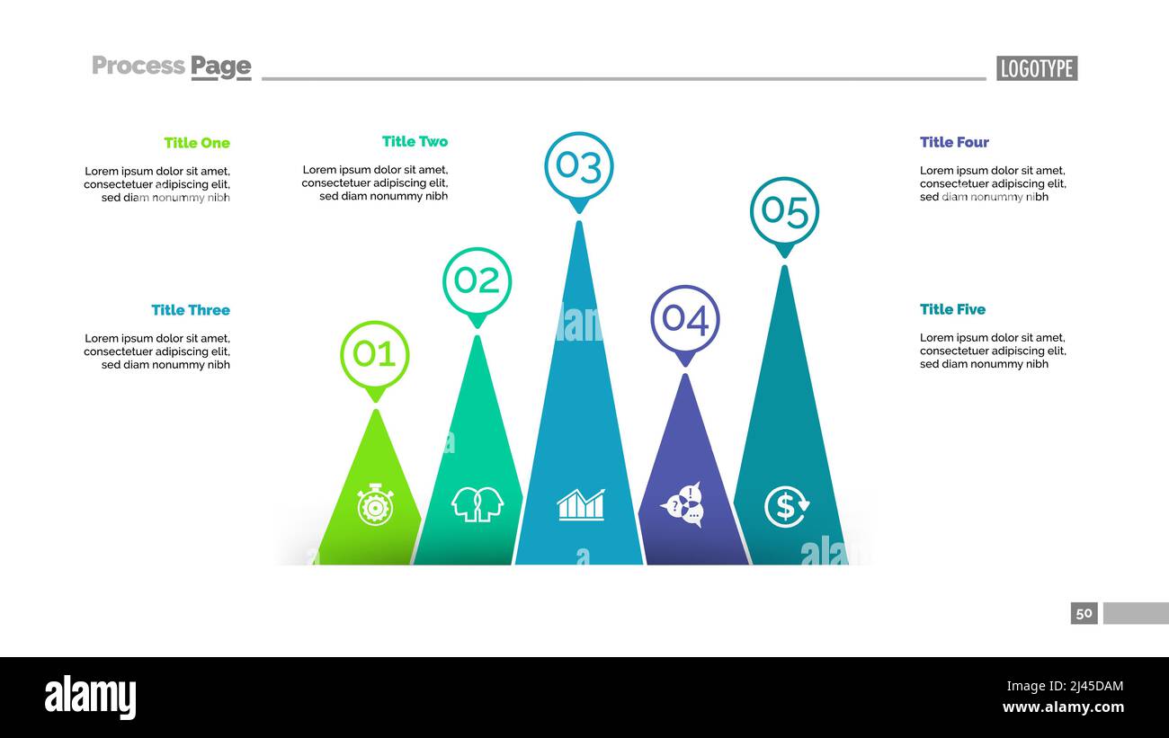 Cinq barres triangulaires. Diagramme de processus, diagramme d'étapes, mise en page. Concept créatif pour l'infographique, la présentation, le projet, le rapport. Peut être utilisé pour les rubriques li Illustration de Vecteur