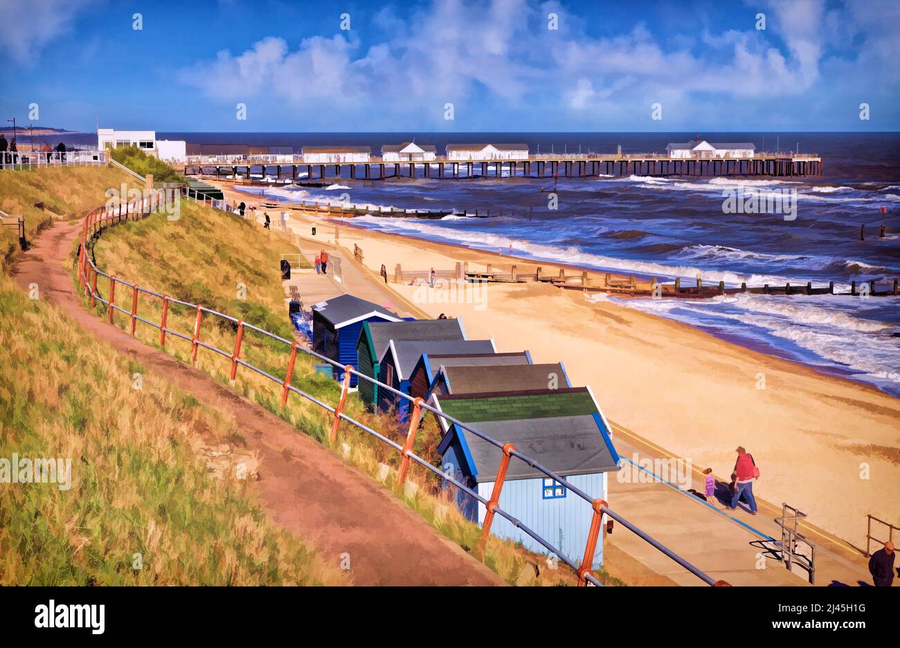 Plage de Southwold avec jetée et cabanes de plage. Banque D'Images