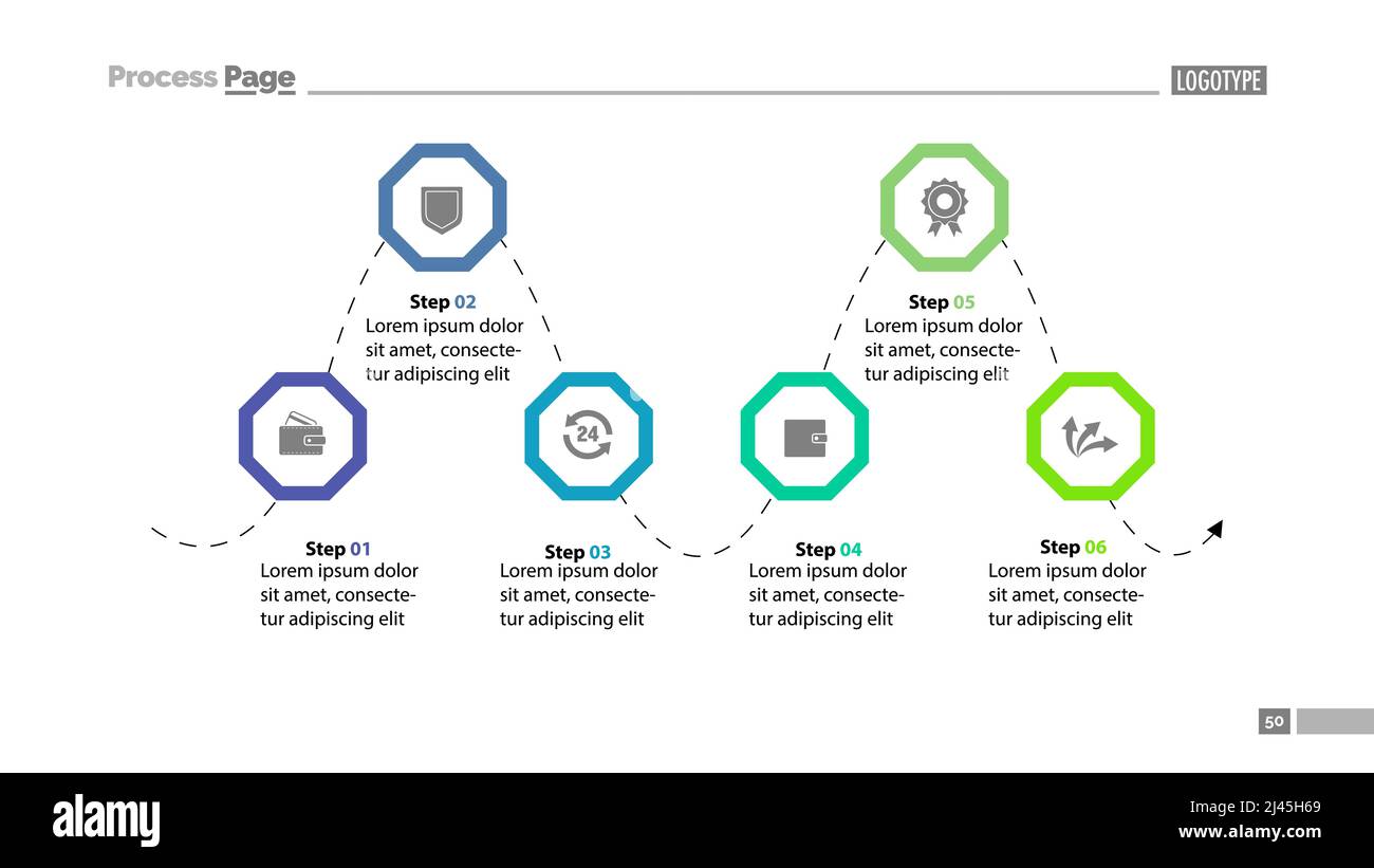 Modèle de diapositive du diagramme de processus en six étapes. Données d'entreprise. Conception, étape, graphique. Concept créatif pour les infographies, le rapport, le modèle. Peut être utilisé pour le sujet Illustration de Vecteur