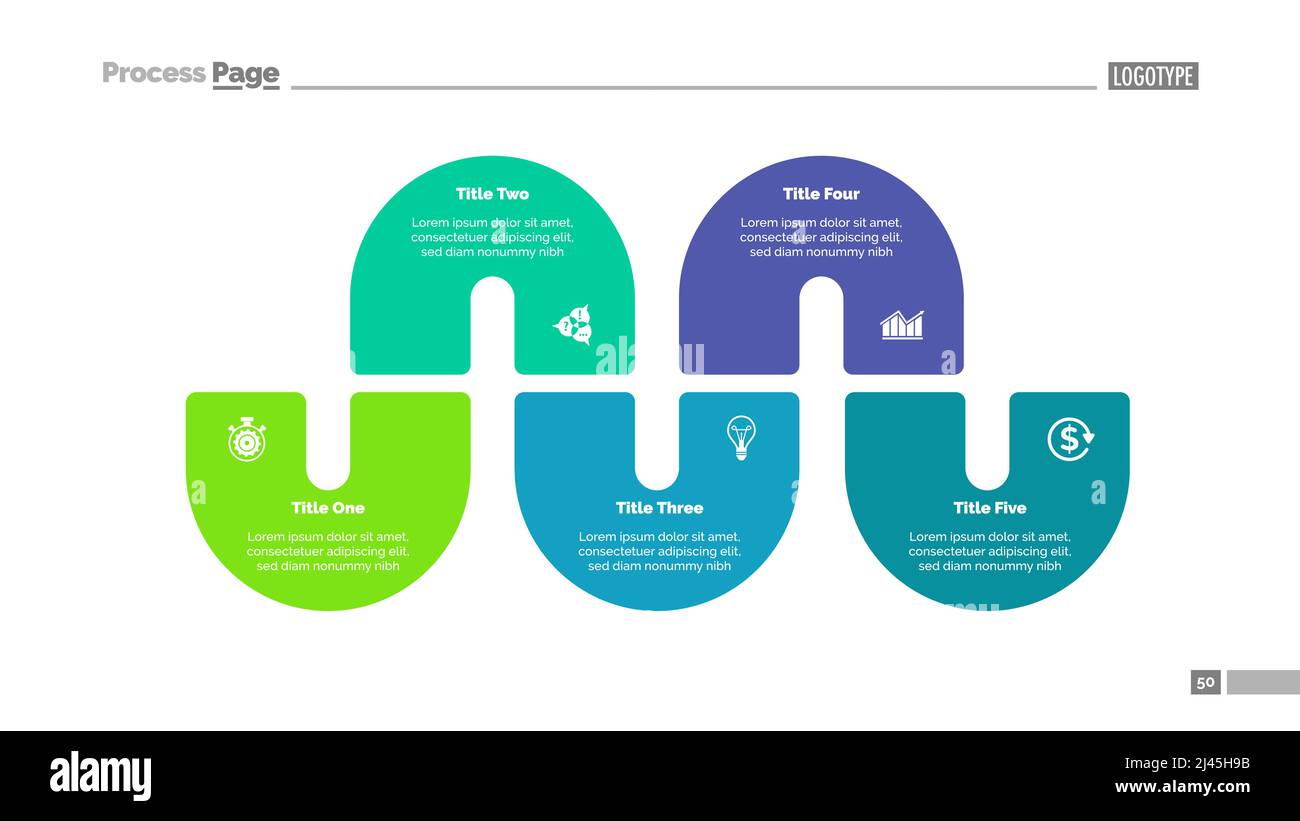 Diagramme de processus avec cinq éléments. Graphique, diapositive, modèle. Concept créatif pour l'infographique, la présentation, le projet, le rapport. Peut être utilisé pour la partie supérieure Illustration de Vecteur