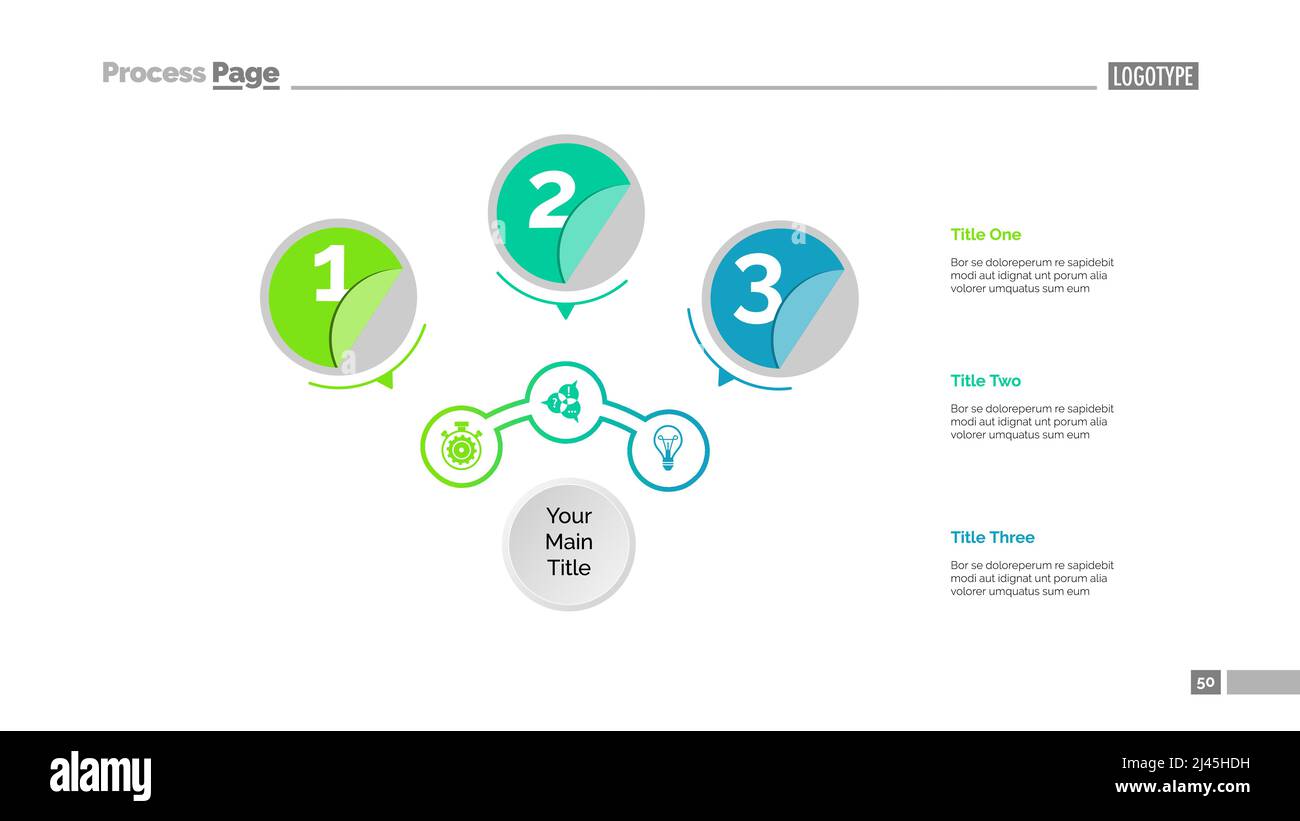 Modèle de diapositive du diagramme de processus à trois cercles. Données d'entreprise. Structure, point, conception. Concept créatif pour l'infographie, la présentation, le rapport. Peut être nous Illustration de Vecteur