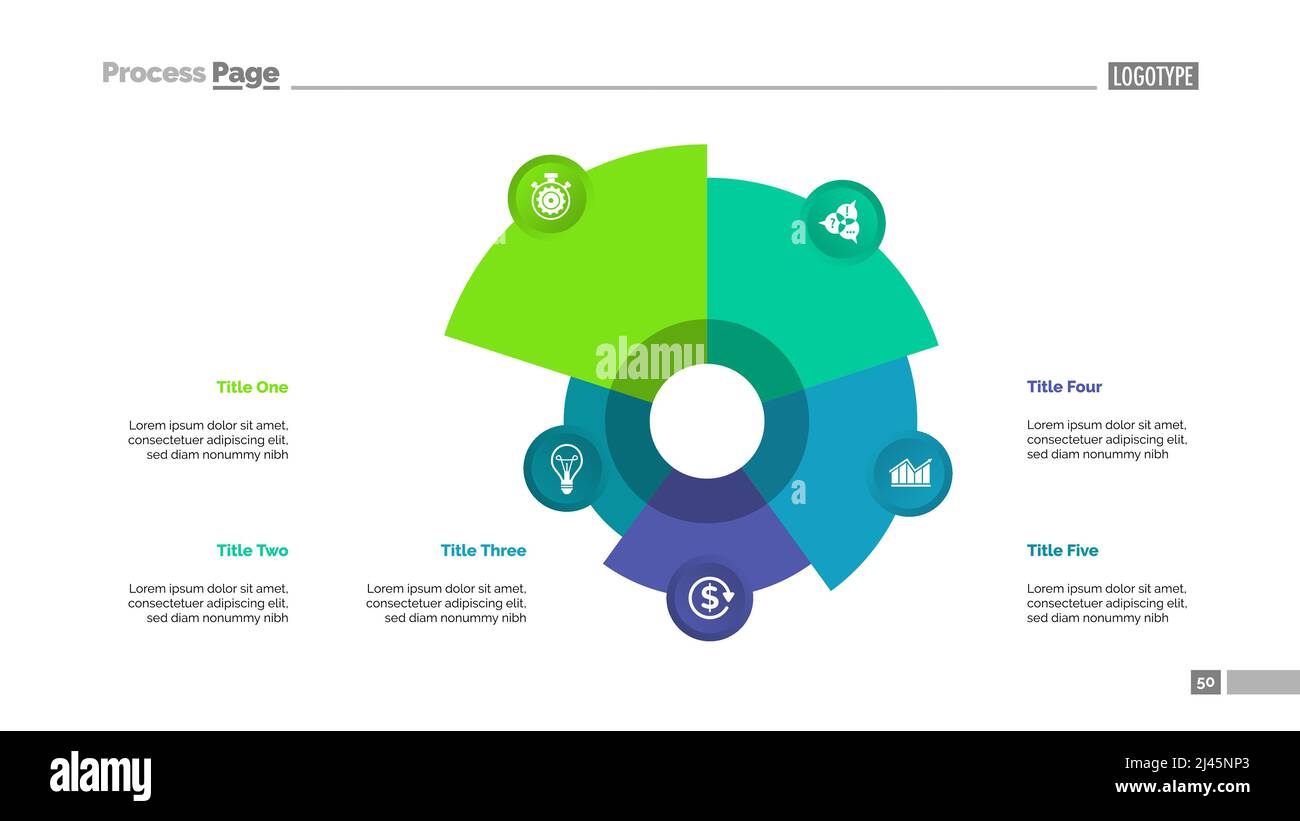 Graphique à secteurs avec cinq éléments. Diagramme de comparaison, graphique, présentation. Concept créatif pour l'infographique, la présentation, le projet, le rapport. Peut être utilisé pour la partie supérieure Illustration de Vecteur
