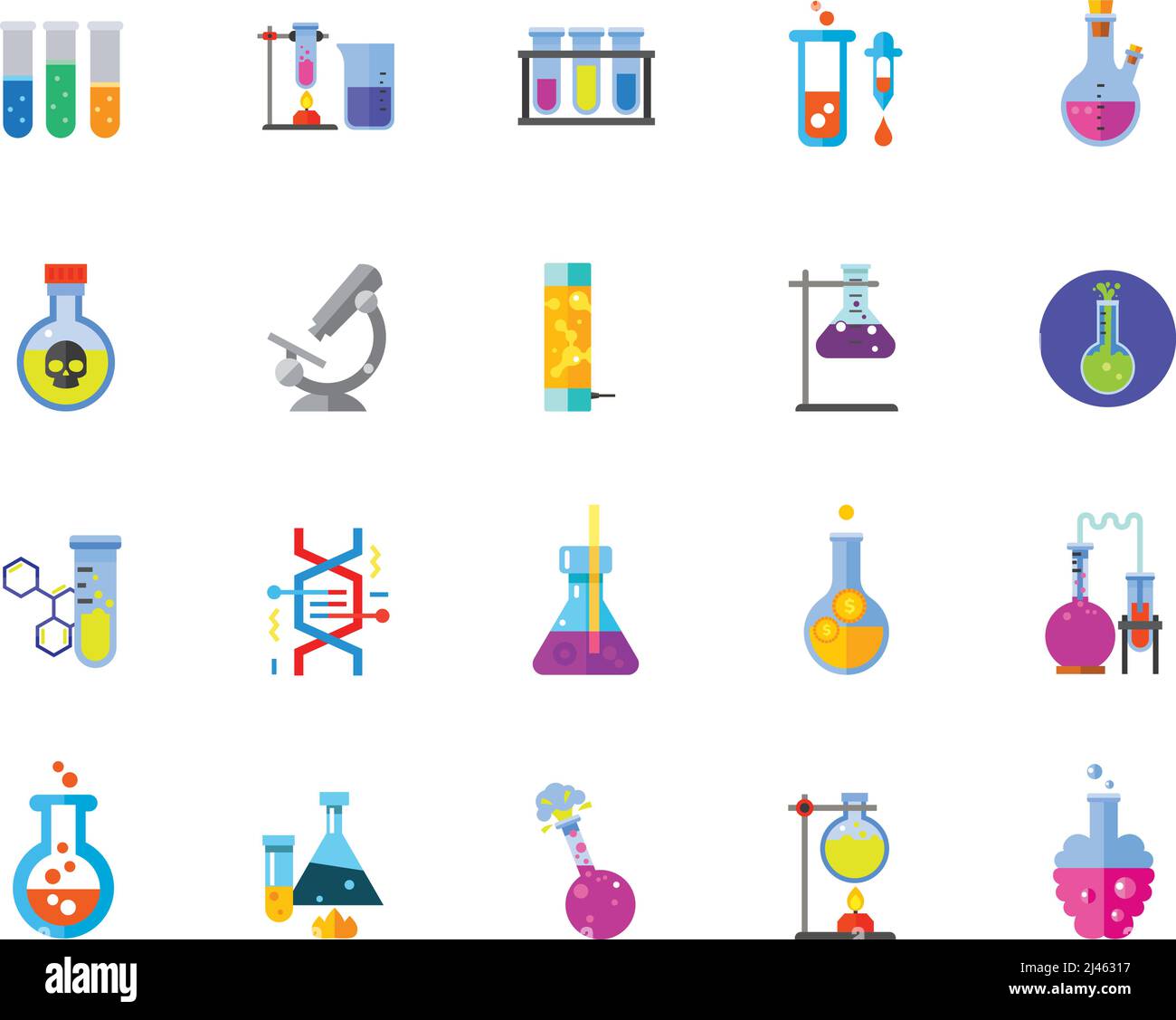 Ensemble d'icônes de constituant chimique. Peut être utilisé pour des sujets comme la science, l'éducation, la médecine, la recherche scientifique, l'expérience, exploration, industrie pharmaceutique, laboratoire Illustration de Vecteur