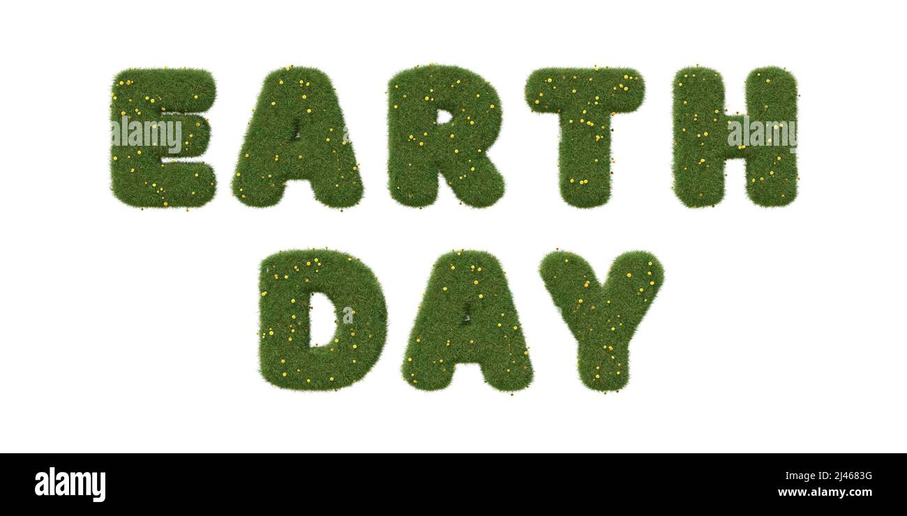 Texte « jour de la Terre » en herbe verte avec pissenlits, isolé sur blanc. 3D illustration. Banque D'Images