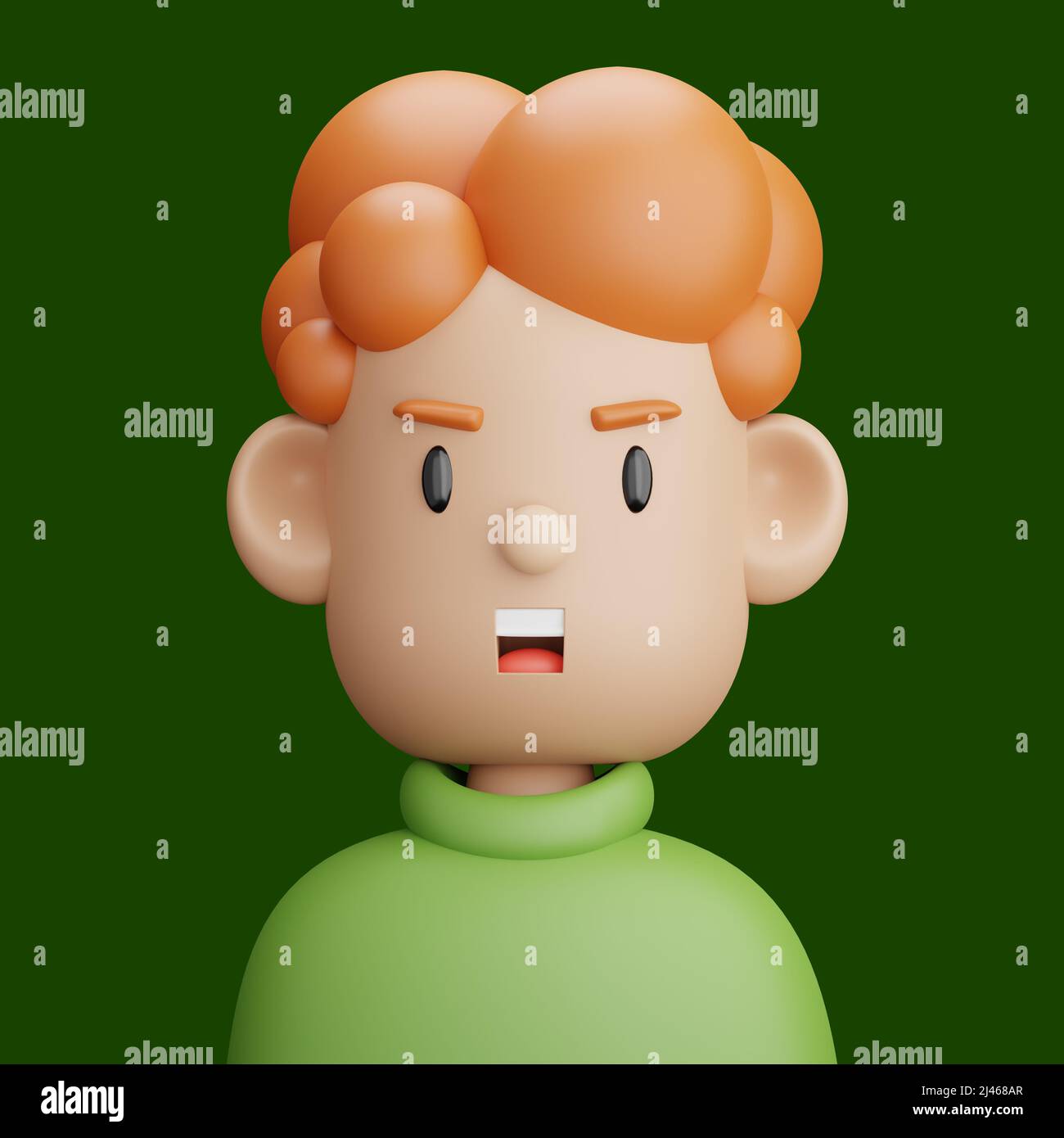 3D avatar de dessin animé d'un adolescent aux cheveux rouges. Dessin animé gros plan portrait d'un garçon aux cheveux rouges sur fond vert. 3D Avatar pour ui ux. Banque D'Images