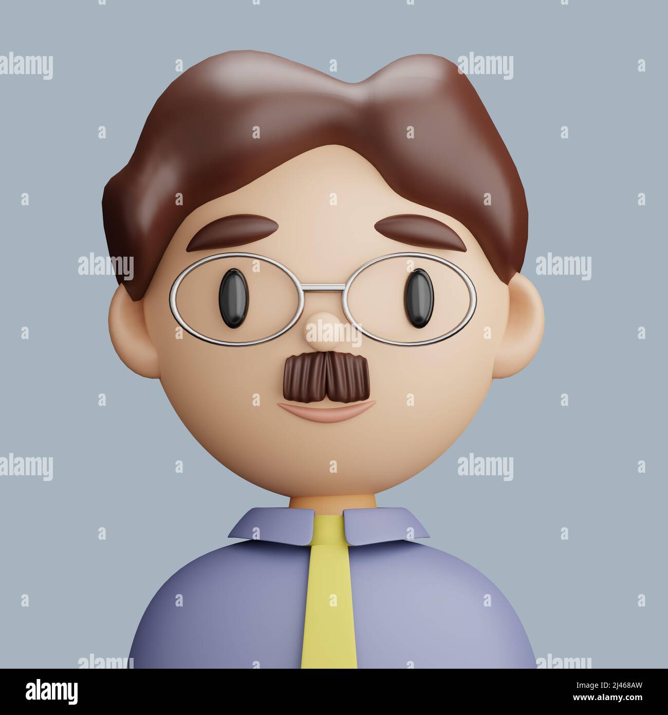 3D illustration de l'homme caucasien. Portrait en gros plan d'un homme debout avec une moustache sur fond gris. 3D Avatar pour ui ux. Banque D'Images