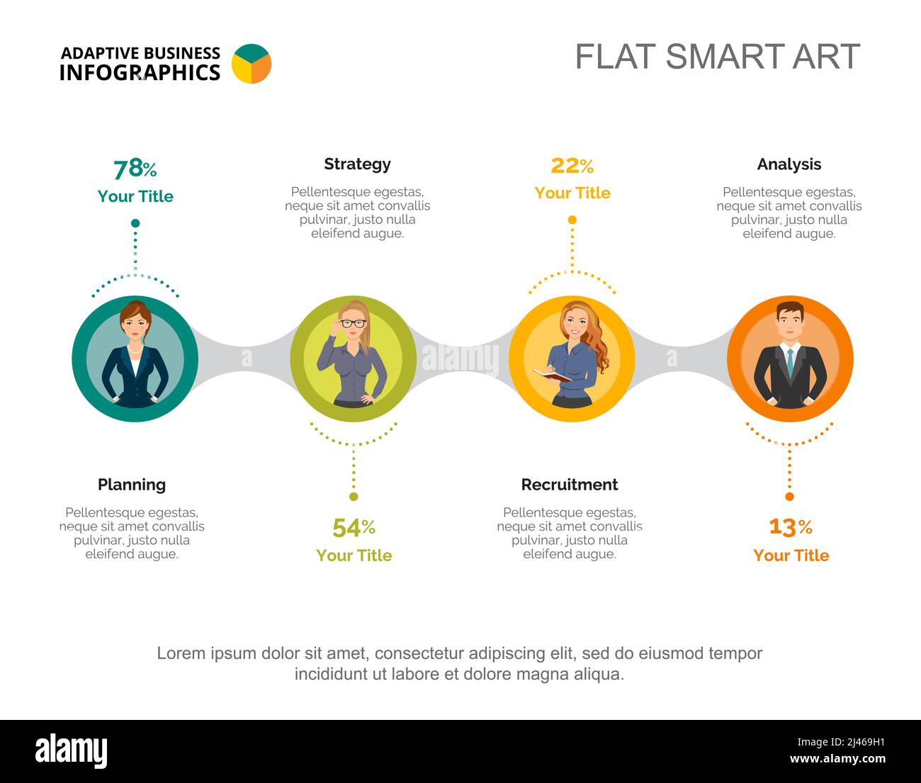 Tableau des pourcentages de quatre employés. Données d'entreprise. Pourcentage, diagramme, conception. Concept créatif pour infographie, modèles, présentation. Peut être utilisé pour t Illustration de Vecteur