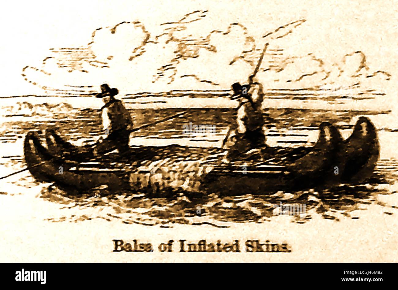 Une illustration de 19th siècle d'un radeau de BALSA ou d'un canoë sud-américain fait de peaux gonflées ET NON de bois de balsa. Le bateau de style catamaran avait deux coques avec une plate-forme entre laquelle était utilisé pour transporter des personnes ou des marchandises. Banque D'Images