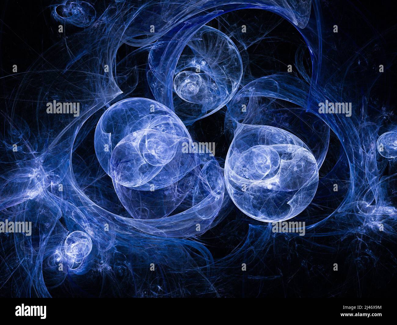 Arrière-plan abstrait de l'art fractal, évocateur de l'astronomie et de la nébuleuse. Illustration fractale générée par ordinateur, bulles bleues Banque D'Images