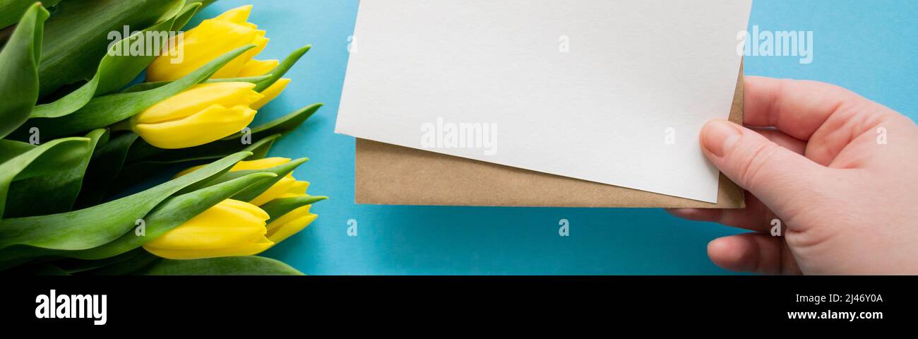 Bannière avec une main contient un bouquet de tulipes jaunes. Lettre vide pour le texte sur fond bleu. Cadeaux et salutations. Banque D'Images
