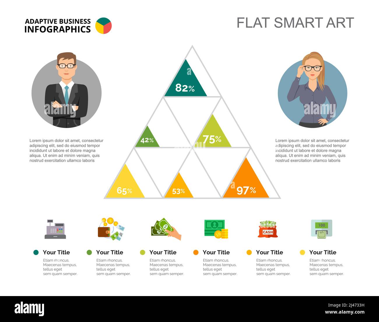 Diagramme de pourcentage de six triangles. Données d'entreprise. Monnaie, financier, diagramme. Concept créatif pour infographie, modèles, présentation. Peut être utilisé pour Illustration de Vecteur