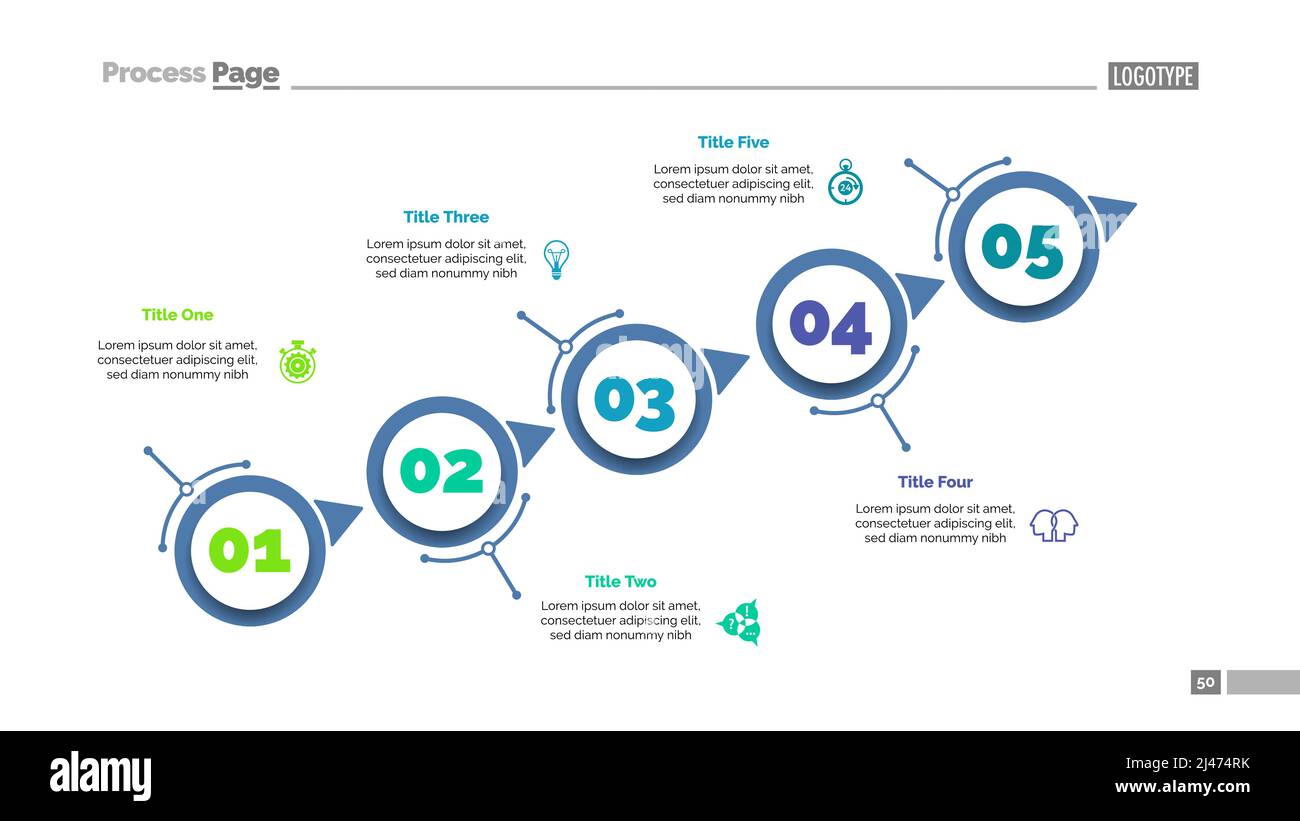 Diagramme de processus avec cinq éléments. Schéma d'étape, graphique, mise en page. Concept créatif pour l'infographique, la présentation, le projet, le rapport. Peut être utilisé pour le sujet Illustration de Vecteur