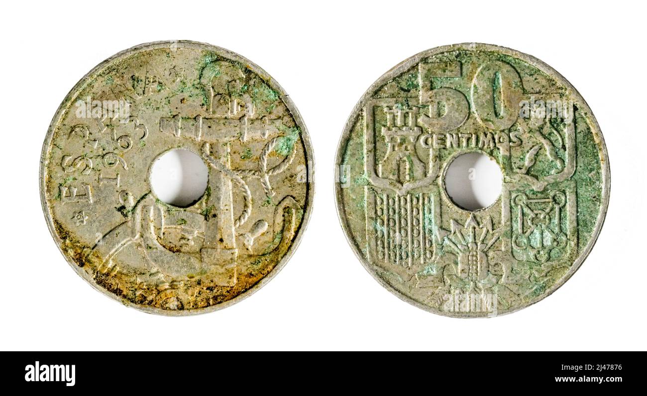 Pièces espagnoles - 2 Reales ou 50 cents, Francisco Franco. Hachis en nickel en 1963 Banque D'Images