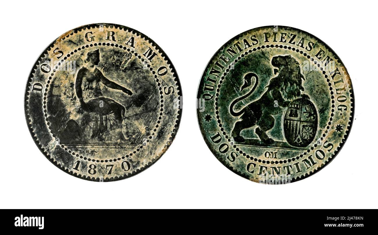 Pièces espagnoles - 2 cents, Gouvernement provisoire. Hassé en cuivre depuis l'année 1870 Banque D'Images