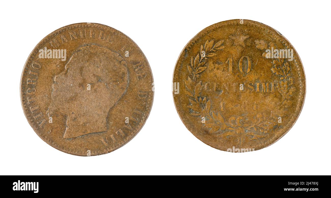 Pièce italienne - 10 centesimi, Emanuele II Émincé en cuivre Banque D'Images