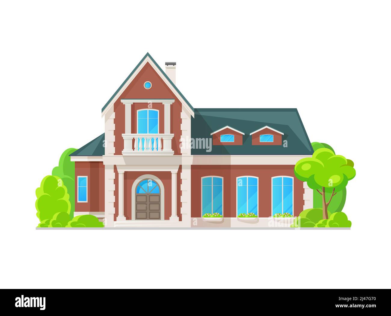 Maison suburbaine de deux étages avec extérieur classique, propriété résidentielle de quartier. Architecture vectorielle de l'immobilier de maison de campagne, villa, maison de maître ou maison de ville avec balcons, colonnes, balustrade Illustration de Vecteur