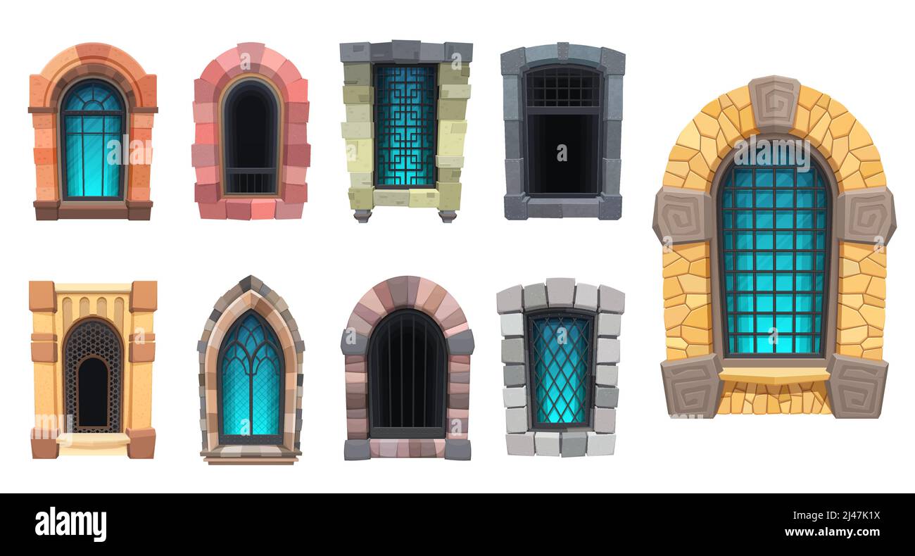 Caricature de fenêtres arabes et médiévales d'architecture de château ou de prison. Éléments intérieurs ou extérieurs du temple, de la forteresse ou de l'intérieur du palais. Portails voûtés et rectangulaires avec grille et ornement Illustration de Vecteur