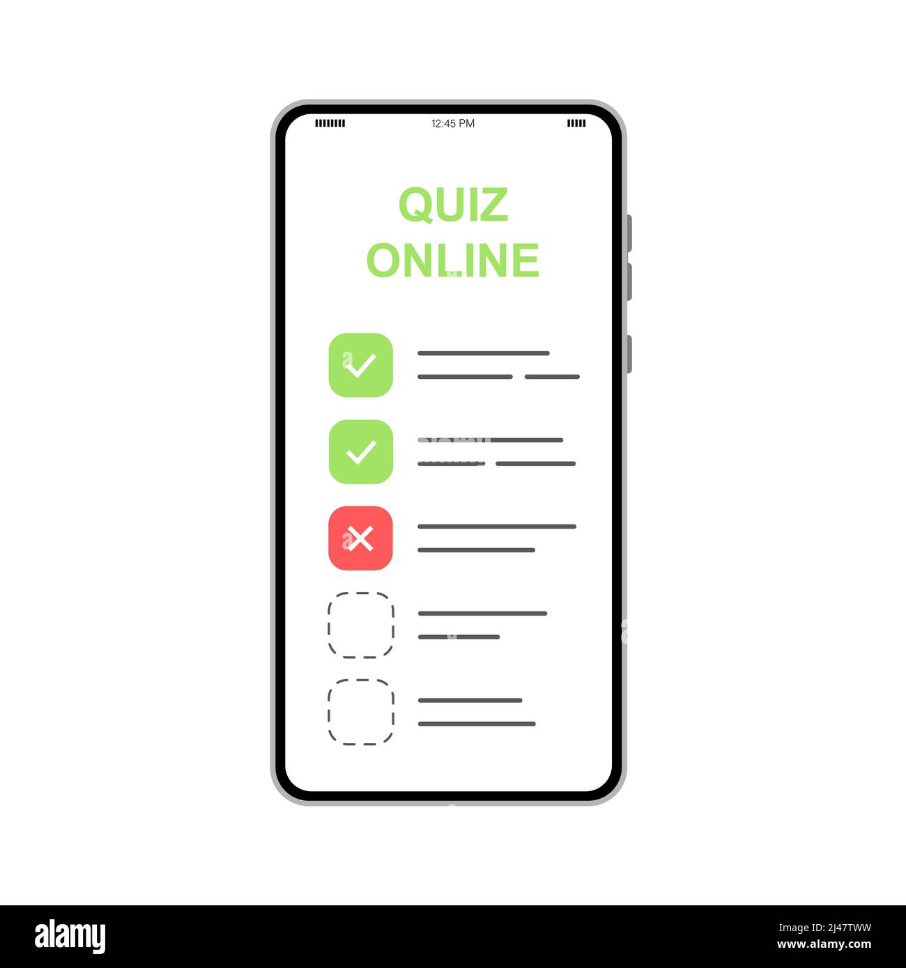 Téléphone avec liste de contrôle du formulaire de questionnaire en ligne à l'écran. Choix et enquête. Illustration de la liste de contrôle en ligne dans le site Web, le choix et la liste des examens de quiz Illustration de Vecteur
