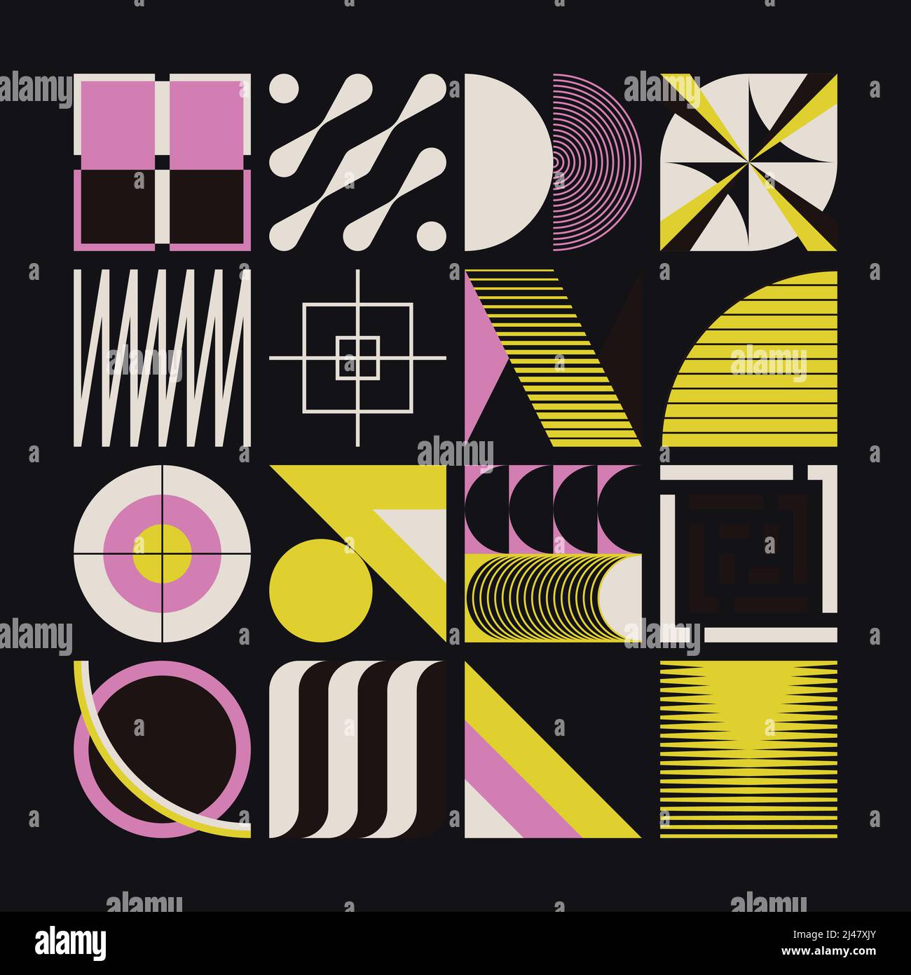 Œuvres d'art à motif vectoriel rétro inspiré de l'art, réalisées avec des formes géométriques abstraites et des formes audacieuses. Design graphique numérique pour poster, couverture, art, p Illustration de Vecteur