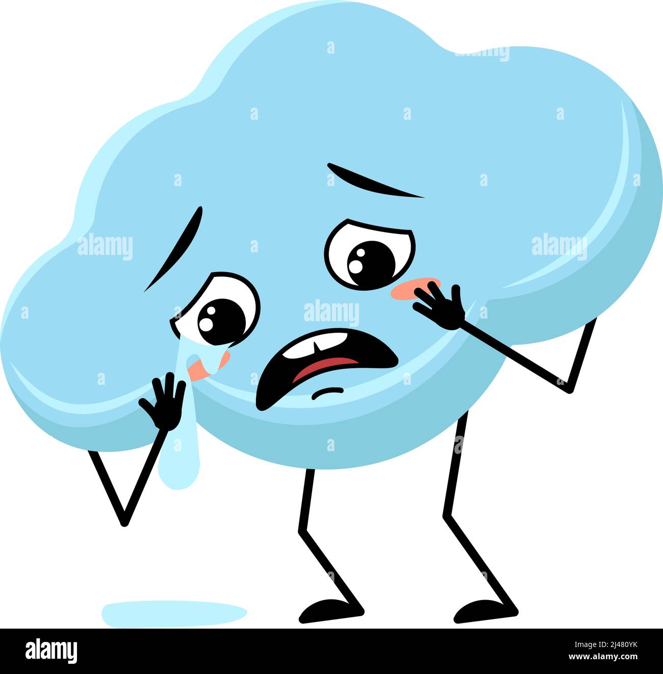 Adorable personnage de nuage avec pleurs et larmes, émotion, visage triste, yeux dépressifs, bras et jambes. Personne avec expression mélancolie et pose. Illustration vectorielle plate Illustration de Vecteur