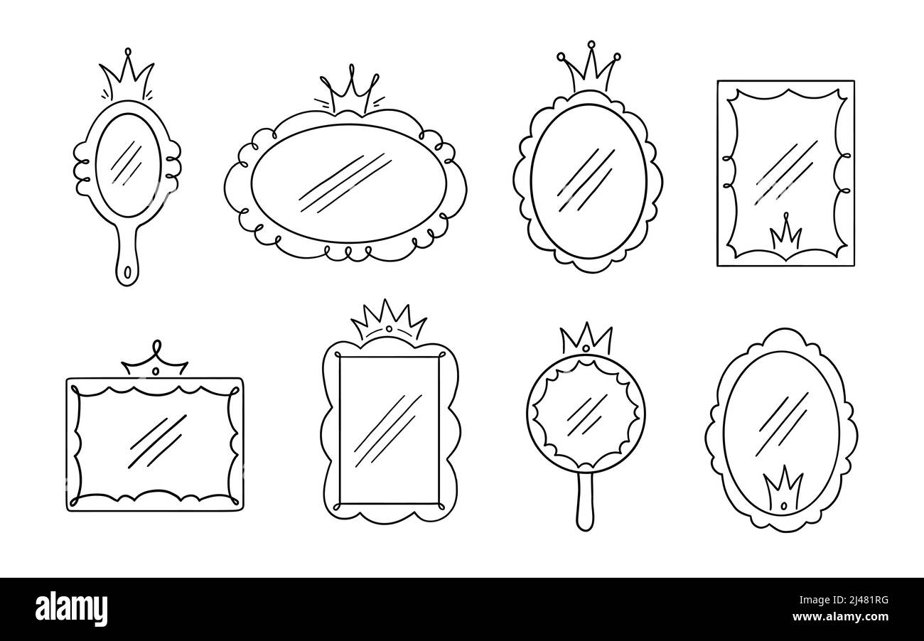 Cadre de miroir couronne princesse. Miroir de jardin dessiné à la main avec couronne pour bébé princesse décorer bordure. Illustration vectorielle. Illustration de Vecteur