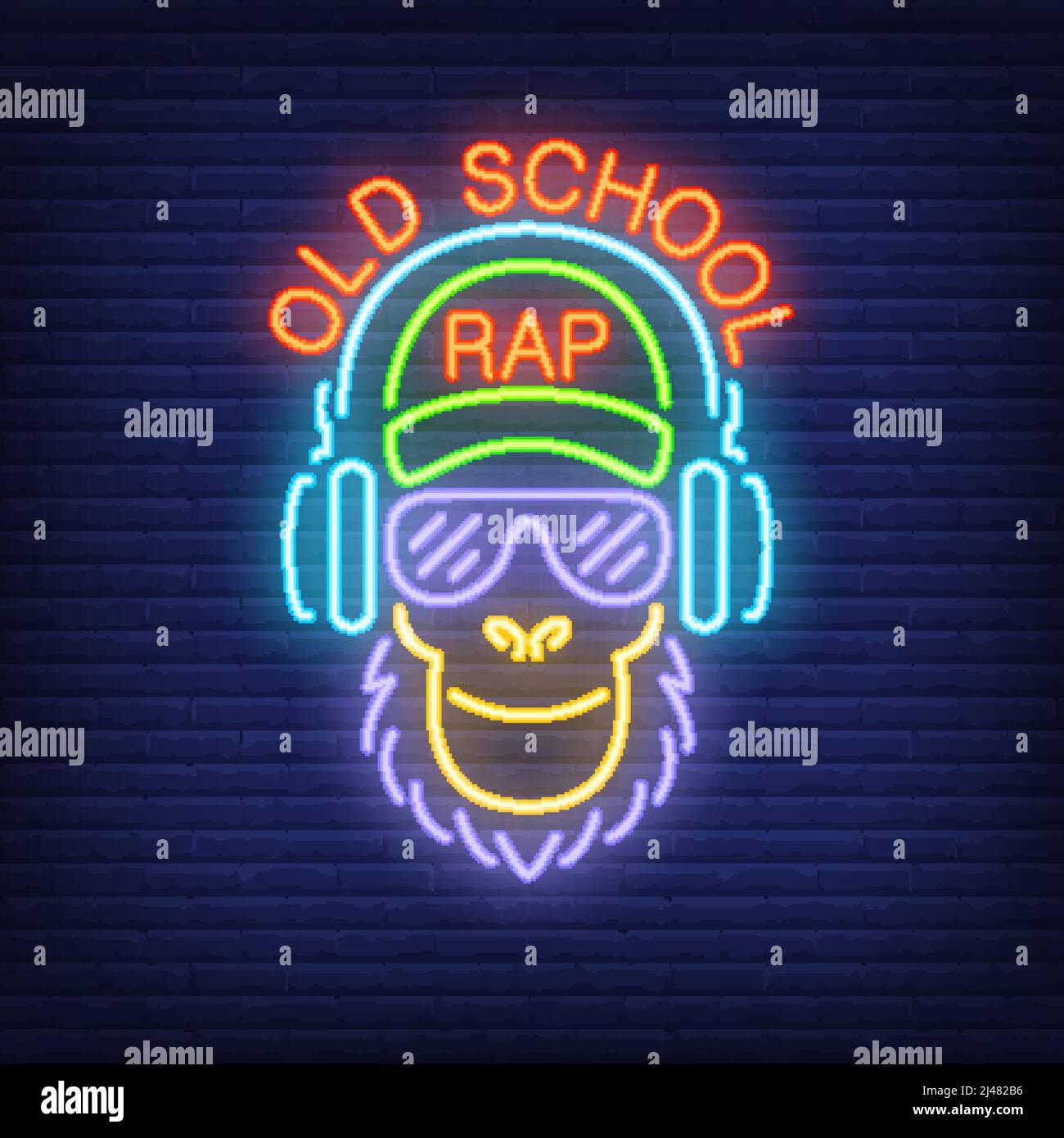 Texte néon de rap Old School et singe cool dans des lunettes et des écouteurs. Enseigne au néon, publicité de nuit lumineuse, panneau d'affichage coloré, bannière lumineuse. Vecteur il Illustration de Vecteur