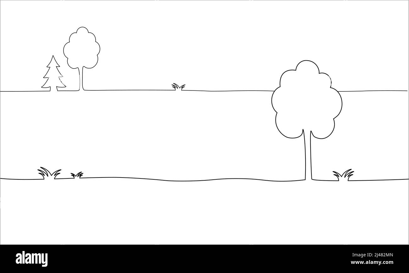 Paysage avec arbres et herbe une ligne dessinant vecteur isolé sur fond blanc. Illustration de Vecteur