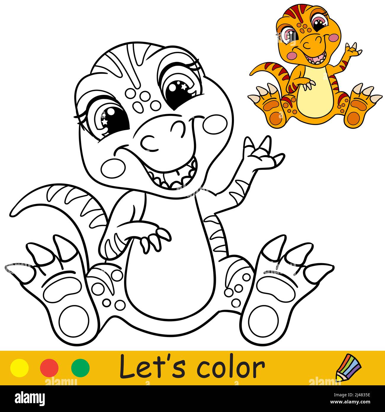 Dessin animé bébé dinosaure tyrannosaurus mignon. Page de livre de coloriage avec modèle coloré pour les enfants. Illustration vectorielle isolée. Pour livre de coloriage, impression, Illustration de Vecteur