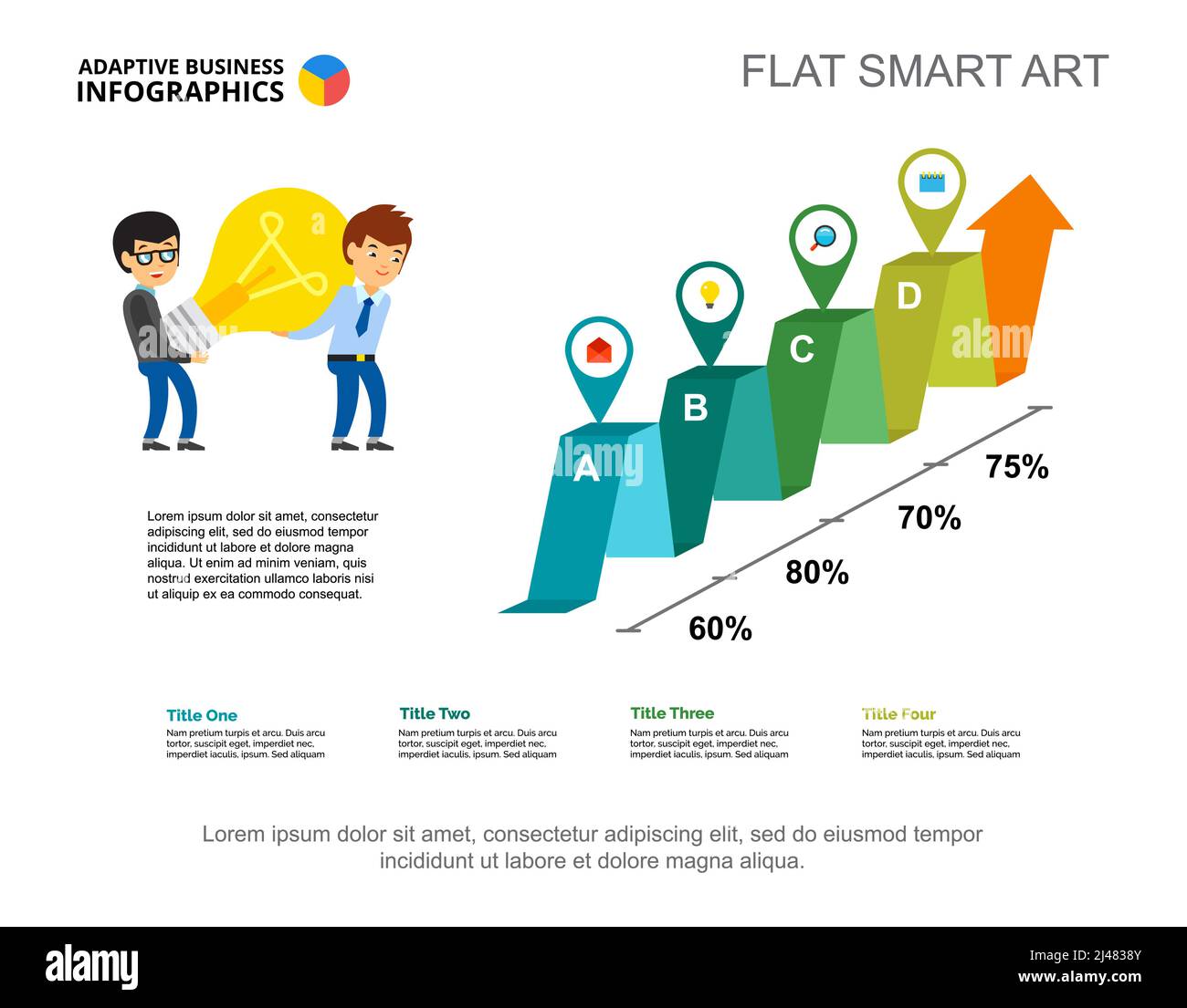 Modèle de graphique de pourcentage de quatre options pour la présentation. Données d'entreprise. Éléments de diagramme, graphique. Stratégie, idée, technologie, analyse ou marketi Illustration de Vecteur