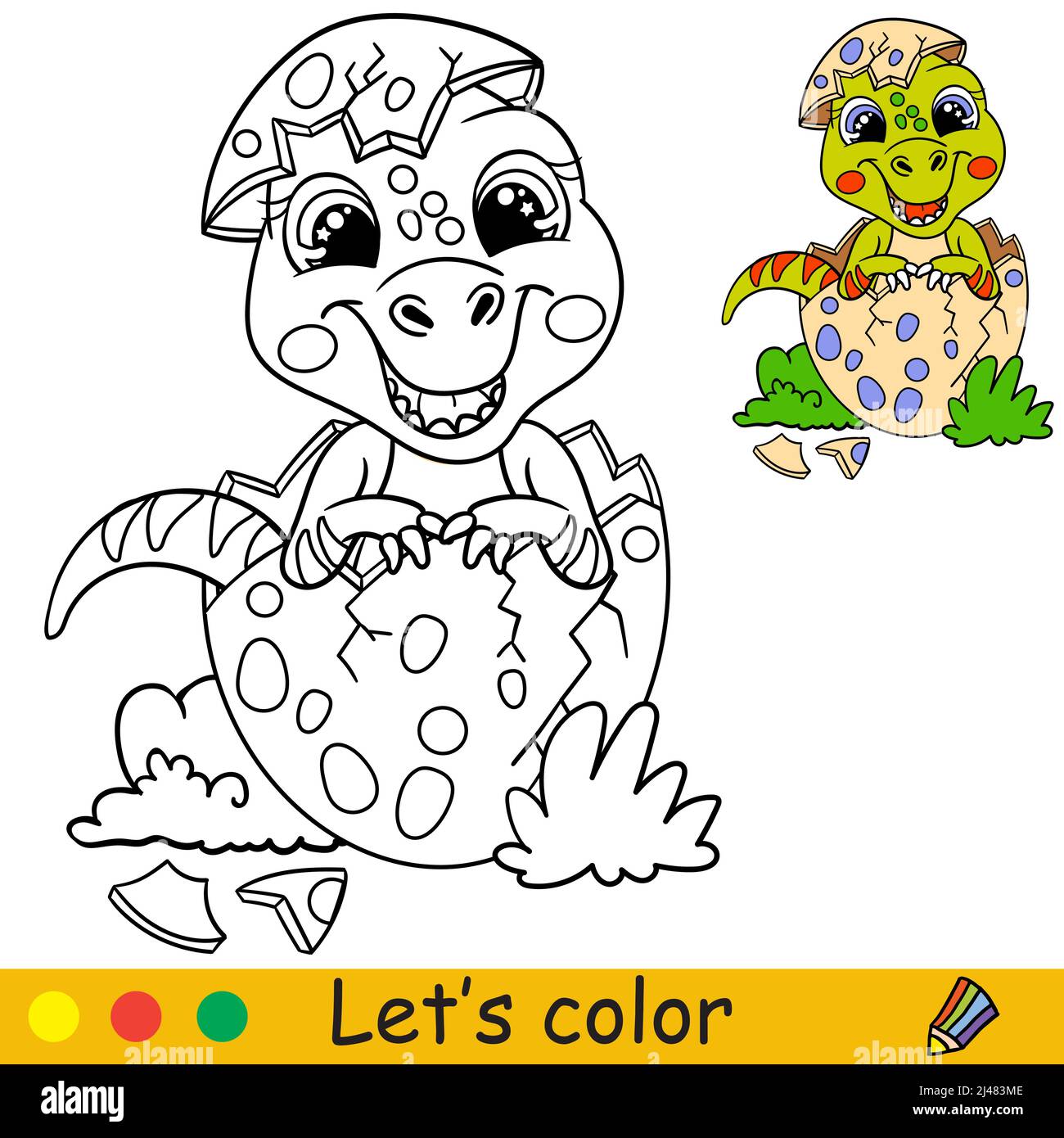 Dessin animé bébé dinosaure tyrannosaurus assis dans l'oeuf. Page de livre de coloriage avec modèle coloré pour les enfants. Illustration vectorielle isolée. Pour colorin Illustration de Vecteur