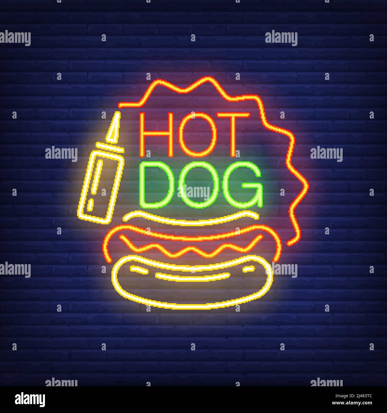 Panneau néon Hot Dog. Pain de saucisse, moutarde et cadre en forme d'étoile sur fond de mur de briques. Publicité de nuit lumineuse. Illustration vectorielle en style néon Illustration de Vecteur