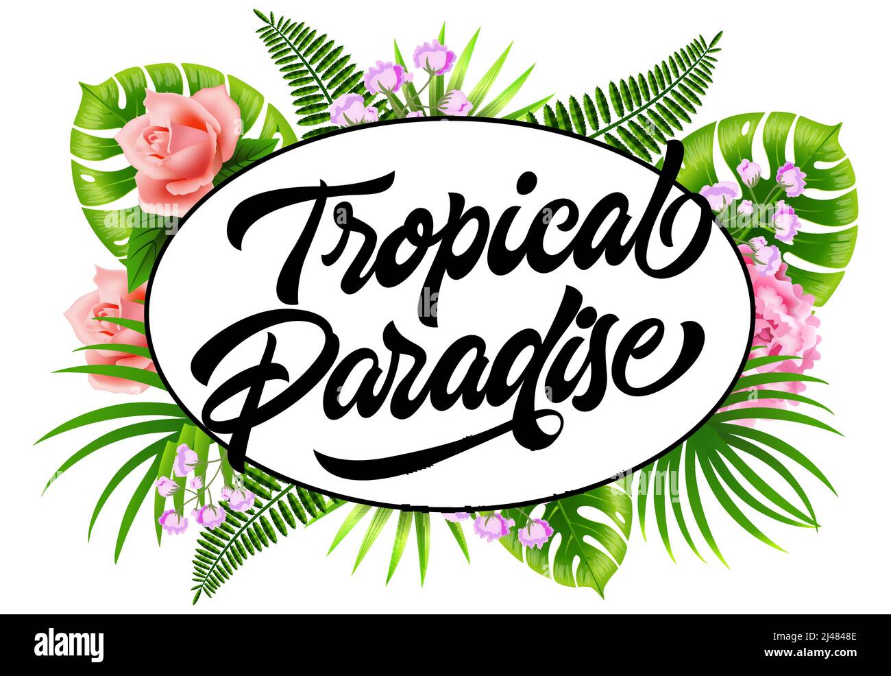 Style circulaire tropical paradis avec feuilles de palmier et fleurs. Le texte calligraphique dans un cadre ovale peut être utilisé pour les affiches, les bannières et les invitations. Illustration de Vecteur