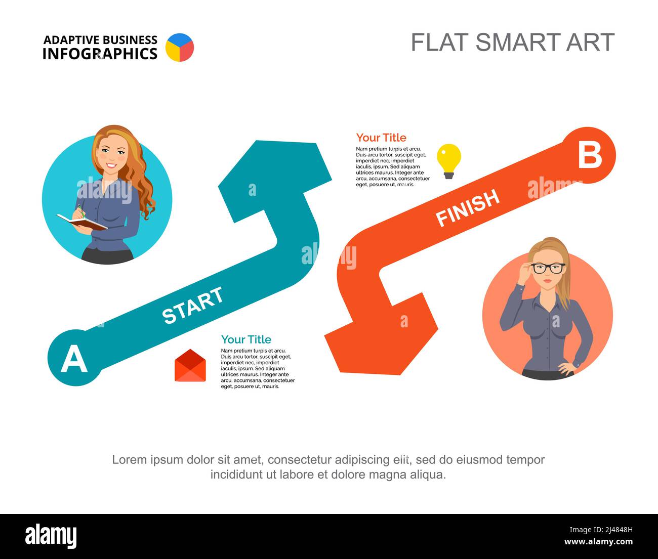 Modèle modifiable pour le graphique à deux flèches. Infographie pour le diagramme de processus. Le concept créatif pour la présentation, le projet, le rapport peut être utilisé pour topi Illustration de Vecteur