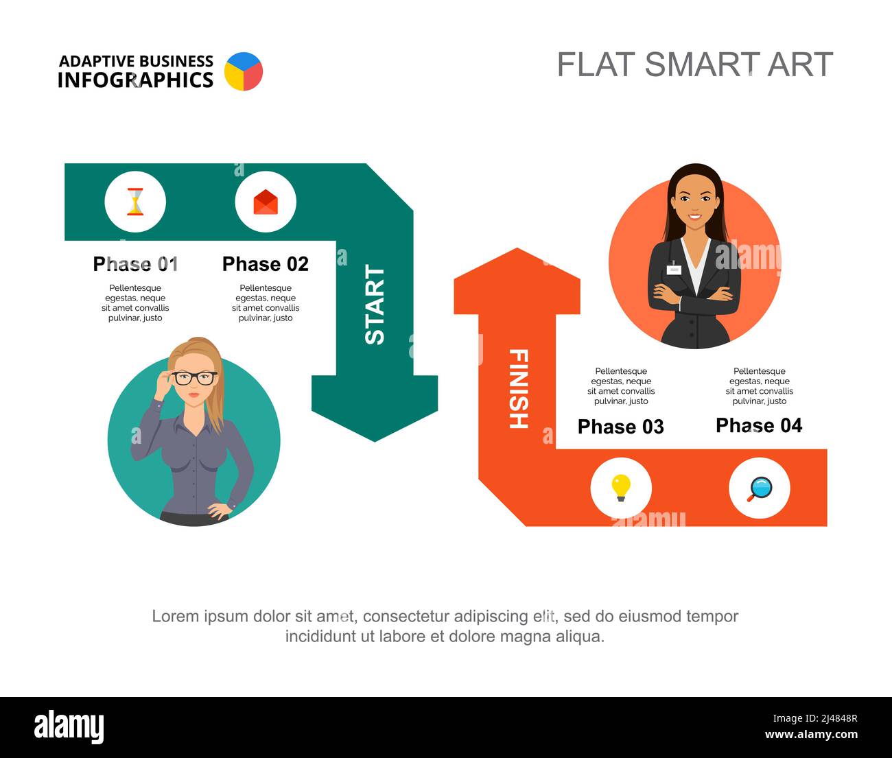 Infographie en quatre phases avec flèches. Modèle modifiable pour le diagramme de processus, le diagramme d'étapes. Concept créatif pour la présentation, le projet peut être utilisé f Illustration de Vecteur