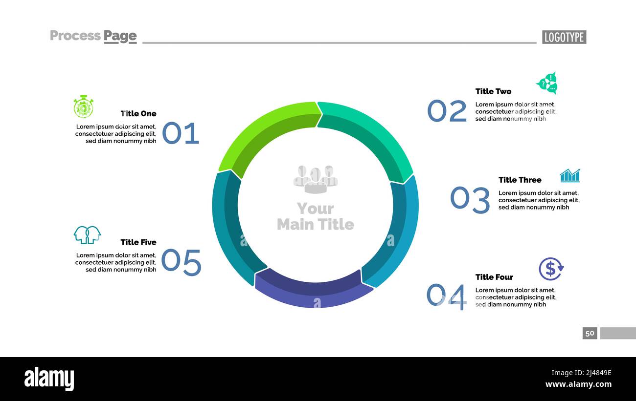 Modèle de diapositive de diagramme de cycle en cinq étapes. Données d'entreprise. Graphique, graphique, conception. Concept créatif pour l'infographie, rapport. Peut être utilisé pour des sujets tels que sc Illustration de Vecteur