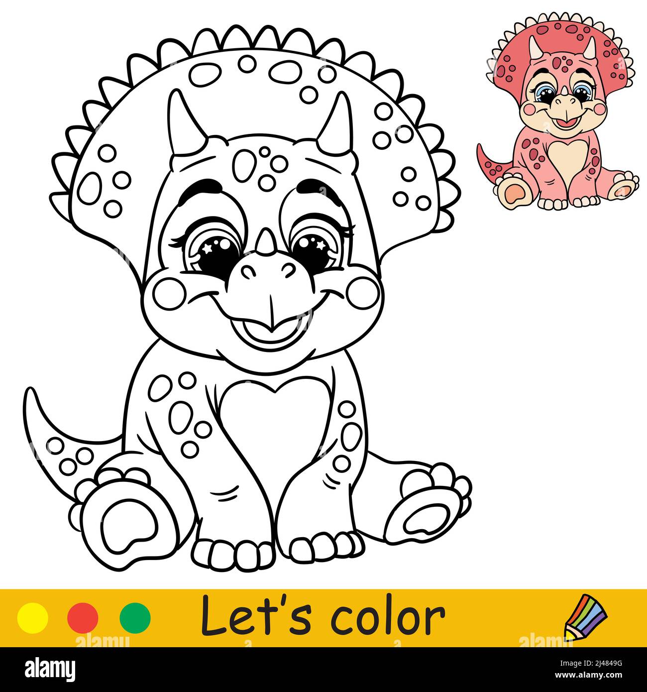 tricératops de dinosaure mignon de dessin animé pour bébé. Page de livre de coloriage avec modèle coloré pour les enfants. Illustration vectorielle isolée. Pour livre de coloriage, impression, ga Illustration de Vecteur