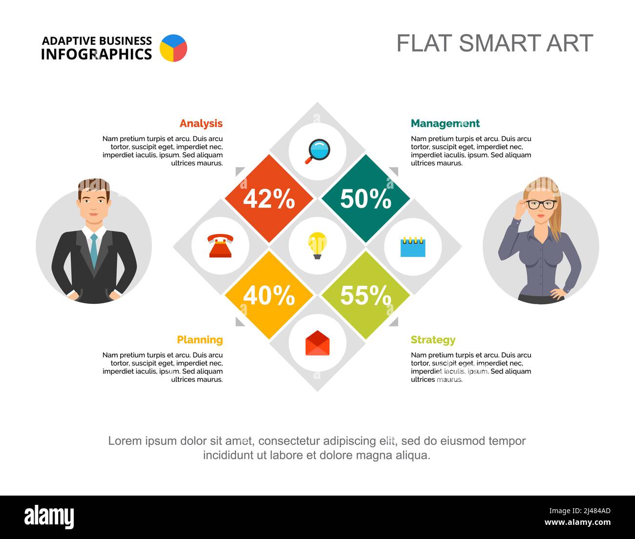 Modèle de graphique de pourcentage de quatre options pour la présentation. Données d'entreprise. Éléments de diagramme, graphique. Rapport, idée, statistiques, analyses ou marketing Illustration de Vecteur