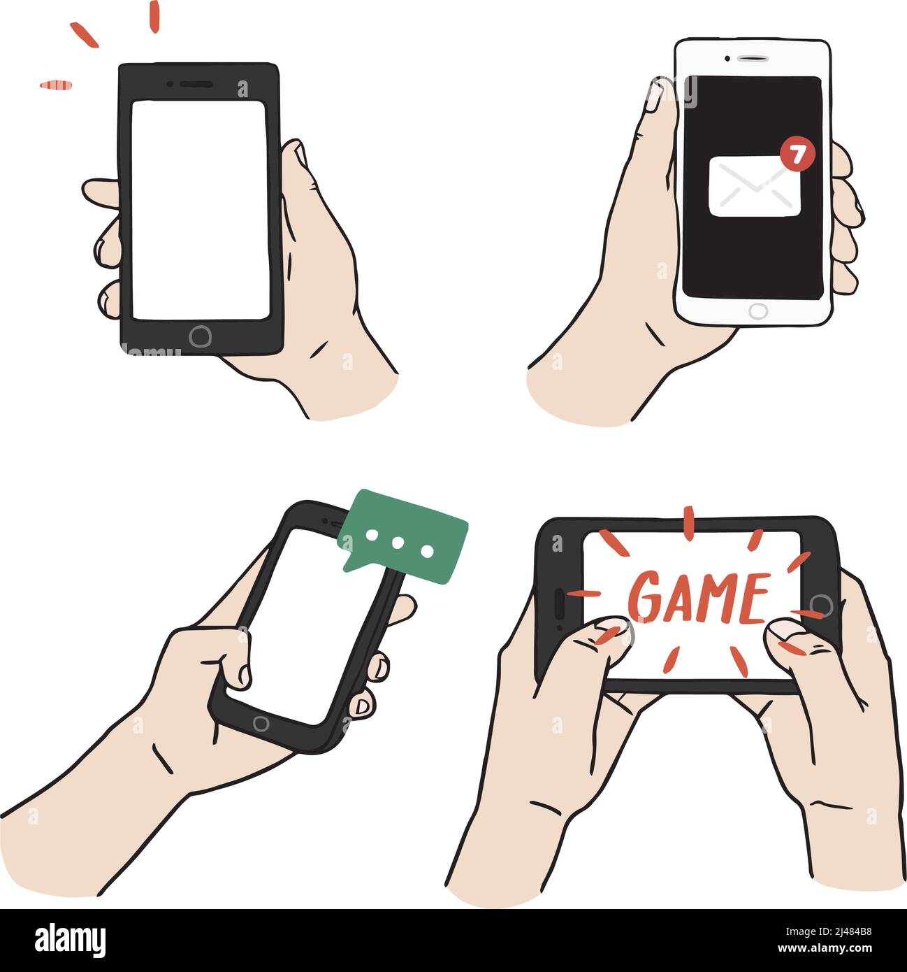 Illustration vectorielle dessinée à la main tenant le smartphone sur fond blanc. Nouveau message, notifications, bulle vocale sur le téléphone. Illustration de Vecteur