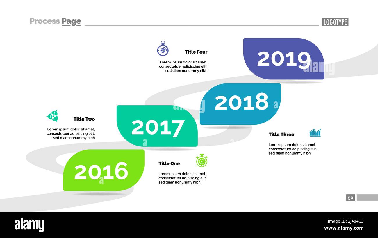 Modèle de diagramme de processus de calendrier de quatre ans. Visualisation des données métier. Stratégie, flux de travail, plan, planification, finance ou conseil concept créatif pour Illustration de Vecteur