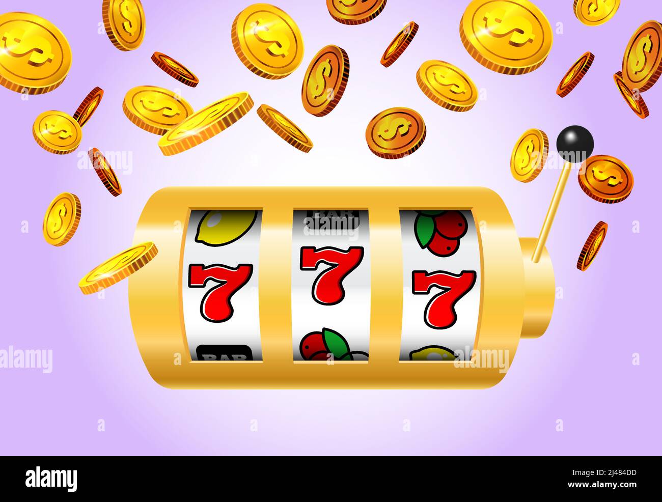 Une machine à sous à sept machines et des pièces de monnaie dorées sur fond violet. Conception publicitaire d'affaires de casino. Pour les affiches, bannières, dépliants et brochures. Illustration de Vecteur