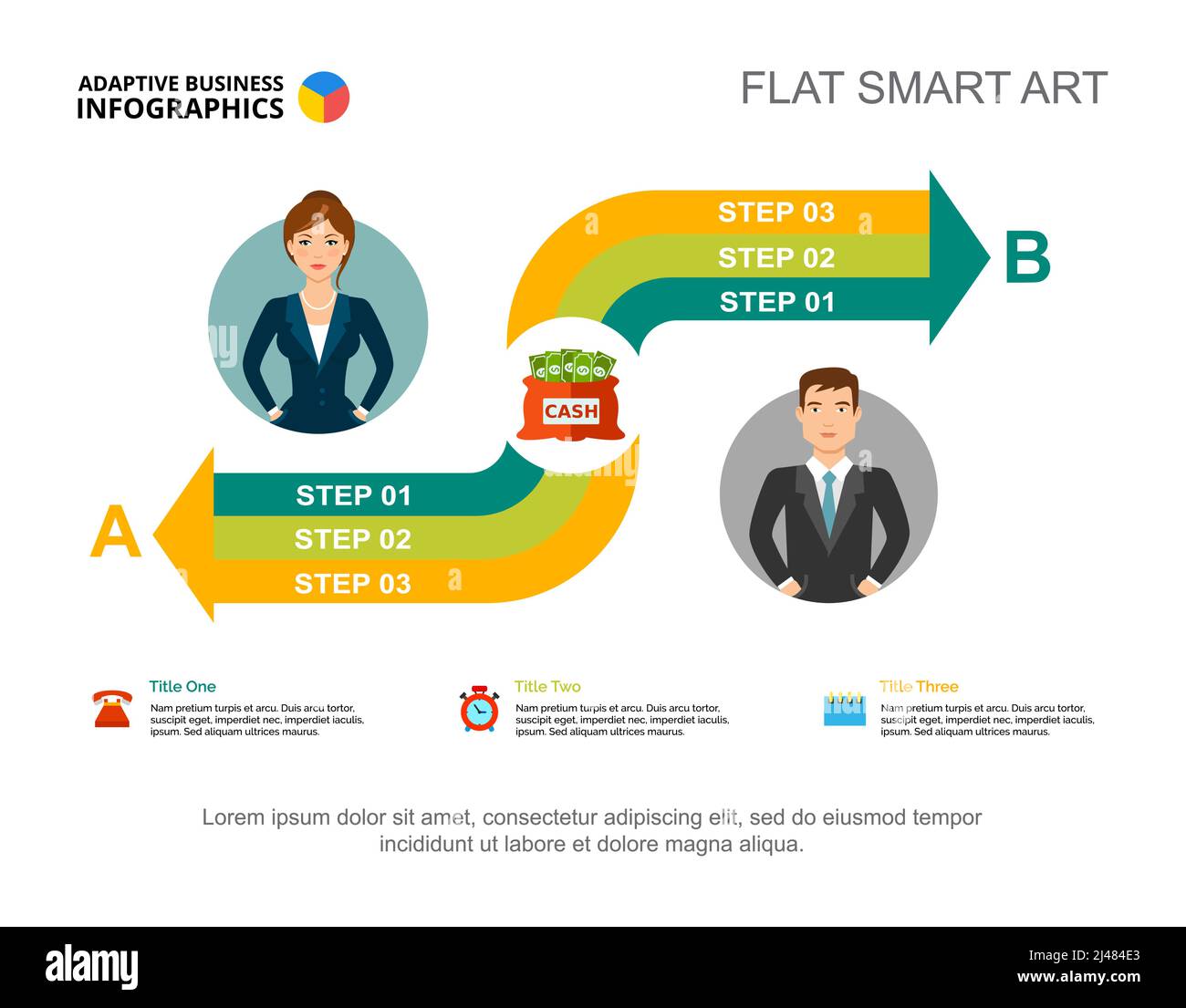Présentation graphique avec deux flèches. Modèle de diapositive en trois étapes. Le concept créatif pour la conception d'infographies, le projet et le rapport peut être utilisé pour topi Illustration de Vecteur
