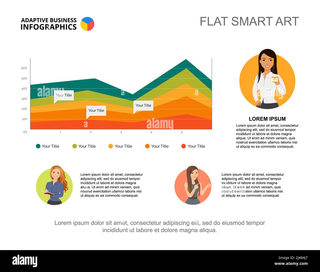 Diapositive de présentation avec graphique de zone et icônes de personnage de femme. Modèle modifiable, Smart art plat. Données d'entreprise pour la banque, la finance, le concept marketing Illustration de Vecteur