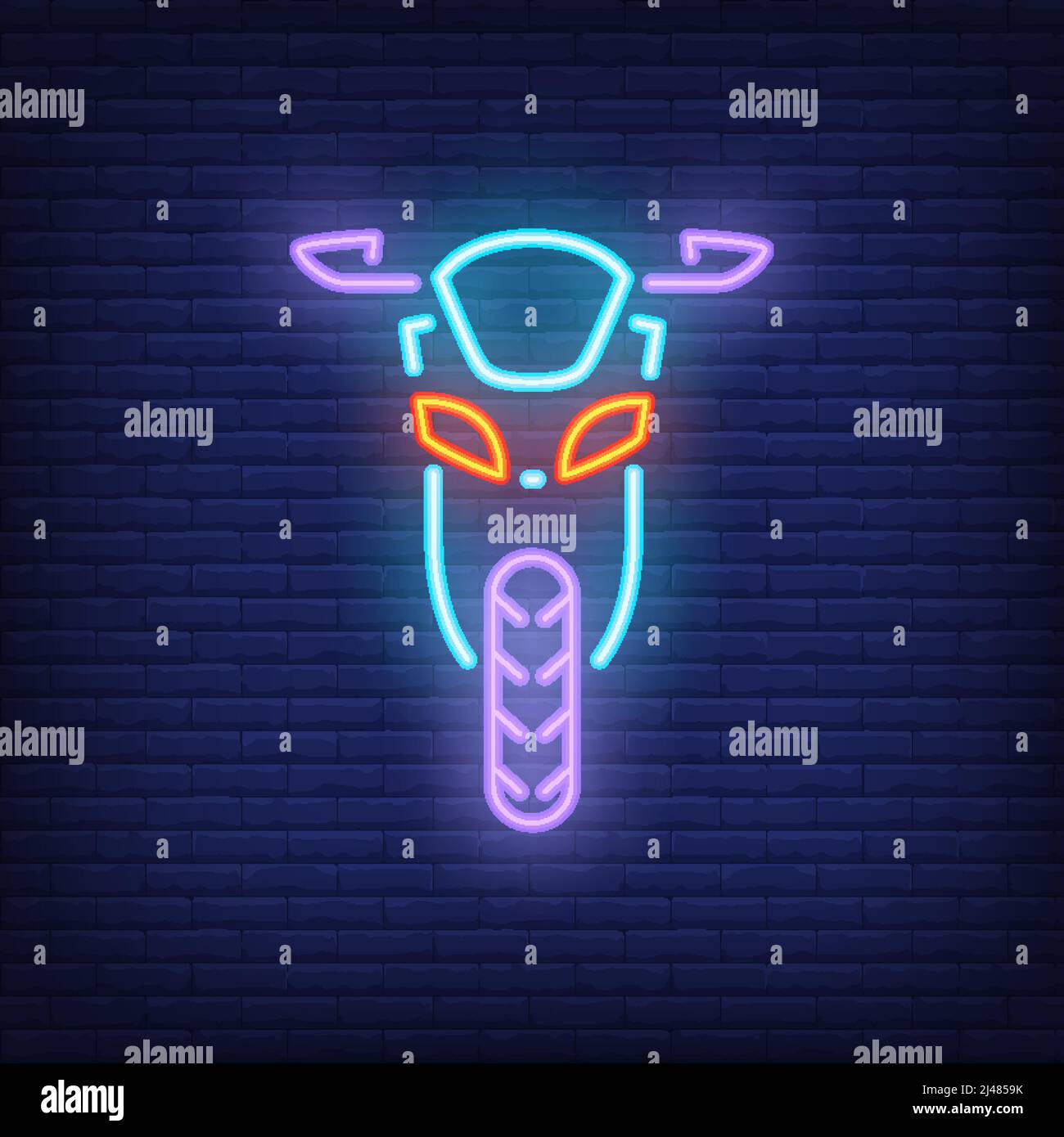 Vue de face de la moto sur fond de briques. Illustration vectorielle de style néon. Club de motards, garage, boutique de moto. Bannière Biker. Pour les loisirs, le culte des motards Illustration de Vecteur