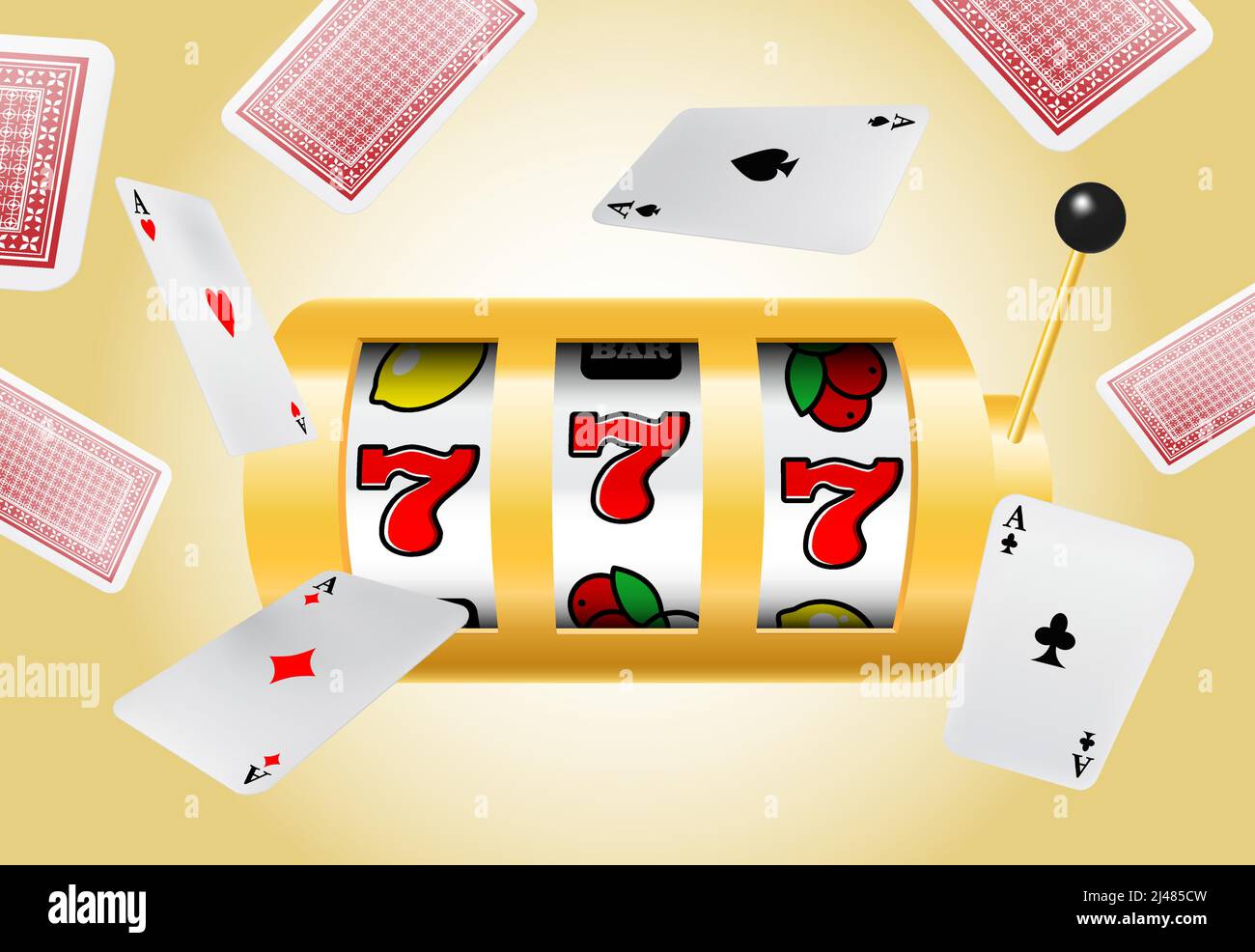 La chance de la machine à sous à sept et des as volants sur fond jaune. Conception publicitaire d'affaires de casino. Pour les affiches, bannières, dépliants et brochures. Illustration de Vecteur