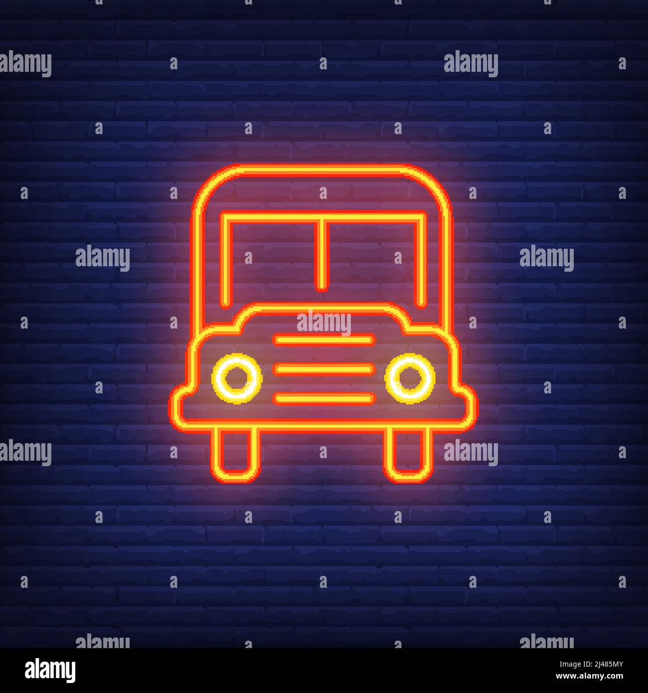 Panneau néon pour autobus scolaire. Bus scolaire moderne orange avec phares. Publicité de nuit lumineuse. Illustration vectorielle en style néon pour le transport et e Illustration de Vecteur