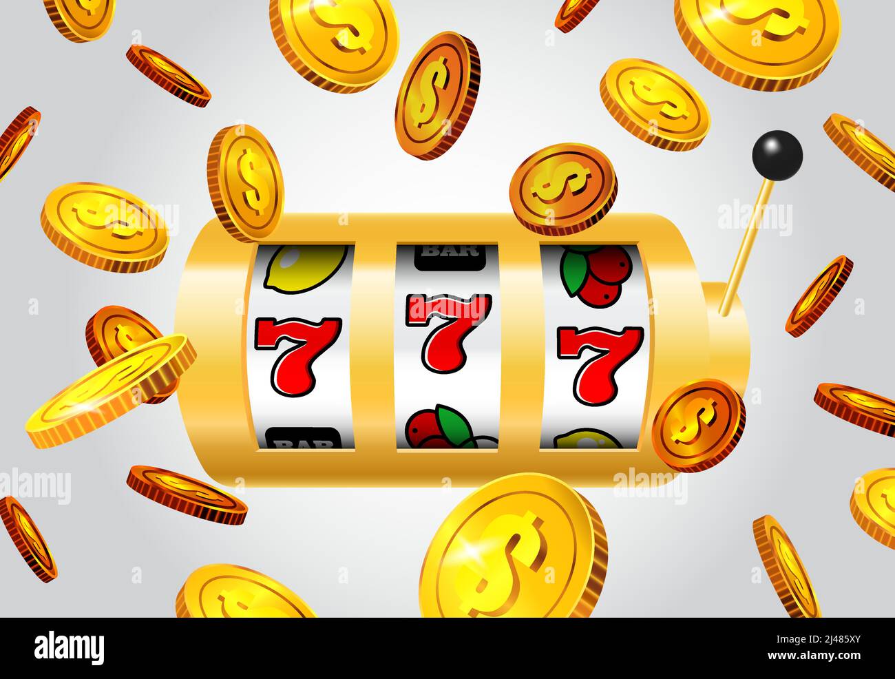 La chance de la machine à sous sept et de pièces de monnaie en or volant sur fond gris. Conception publicitaire d'affaires de casino. Pour les affiches, bannières, dépliants et brochures. Illustration de Vecteur